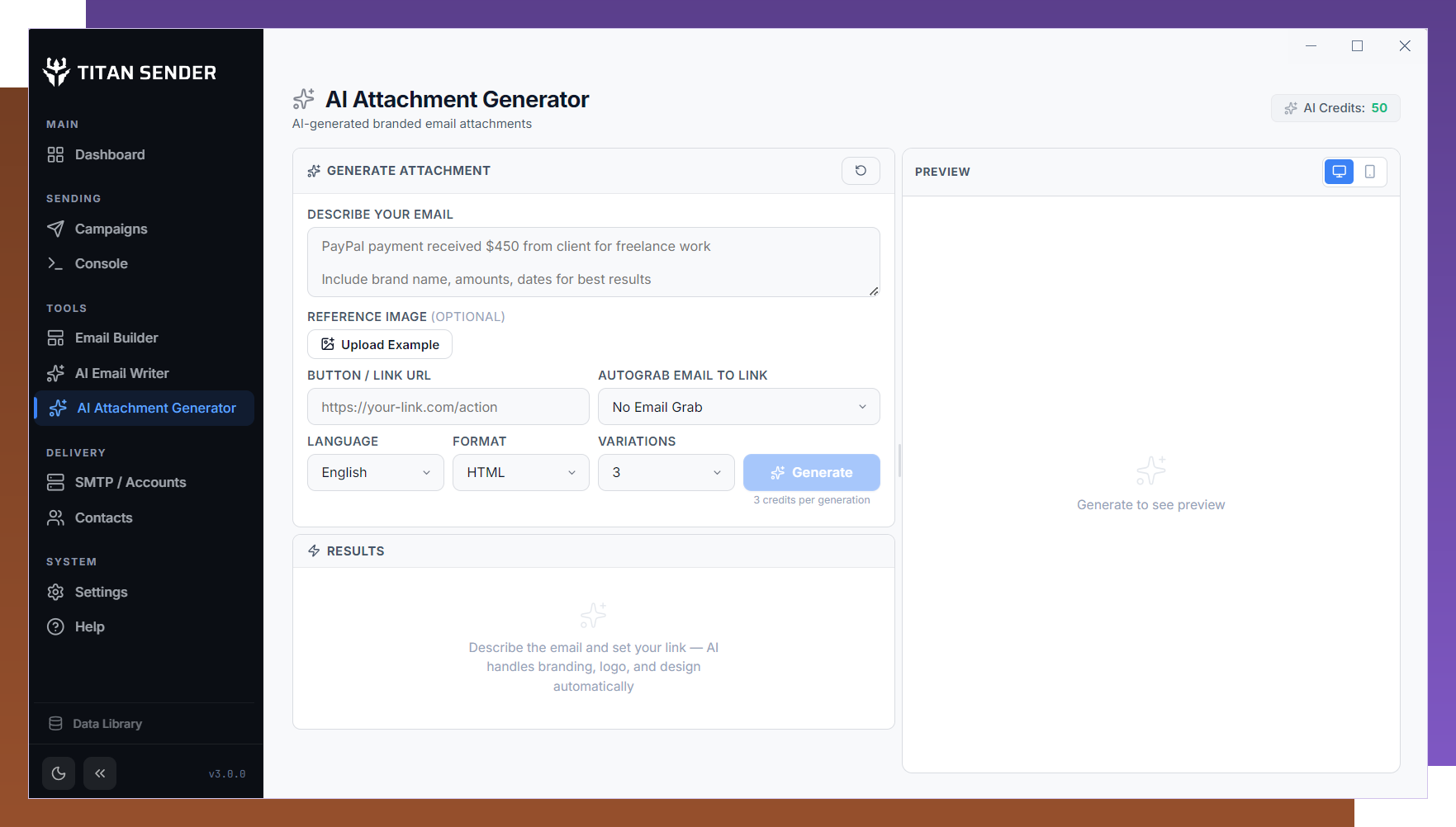 AI attachment generator — branded HTML email attachments in 6 formats with auto brand detection