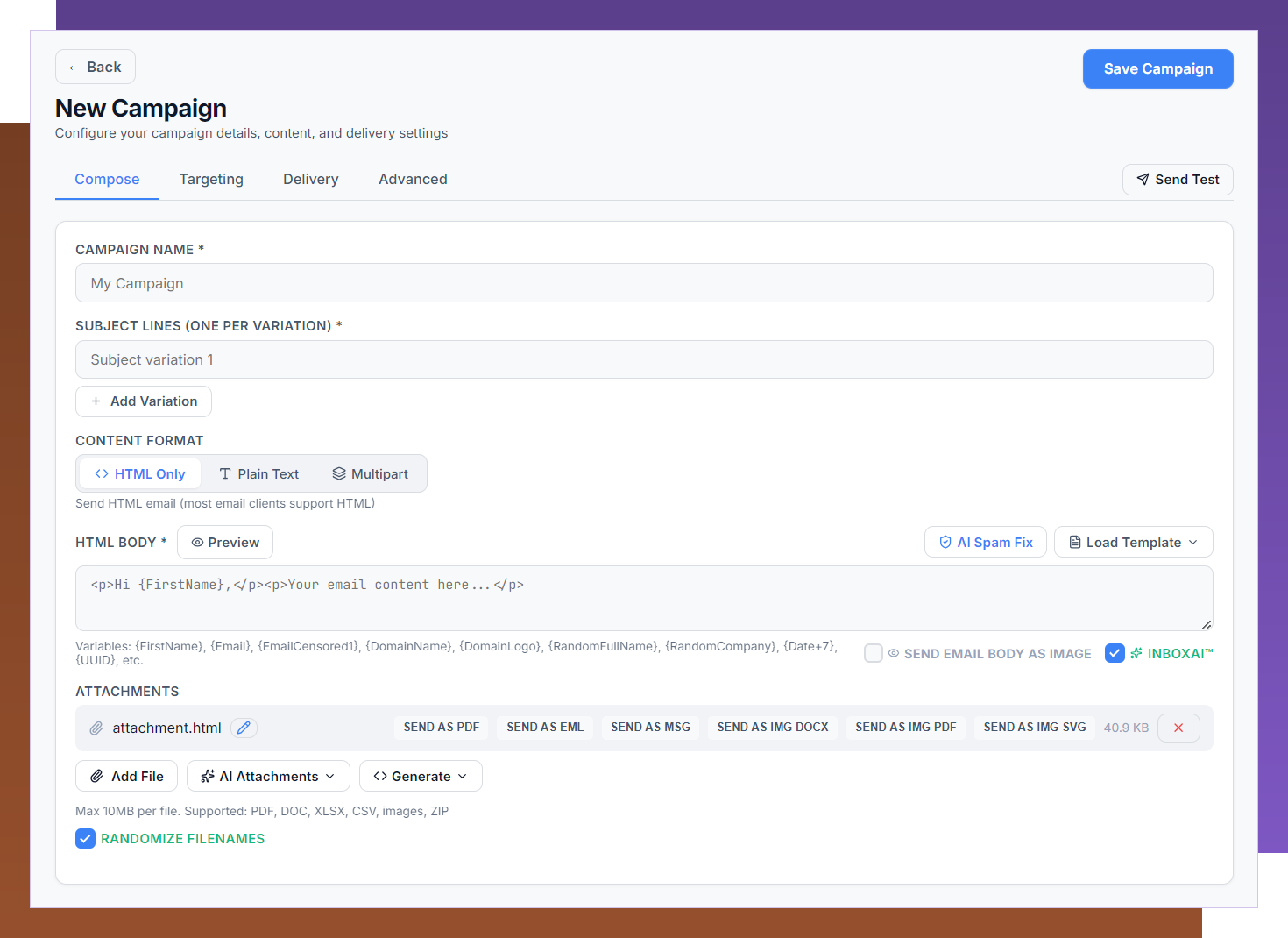 Bulk email campaign editor — A/B subject testing, 80+ merge tags, SMTP rotation, and beast mode parallel sending