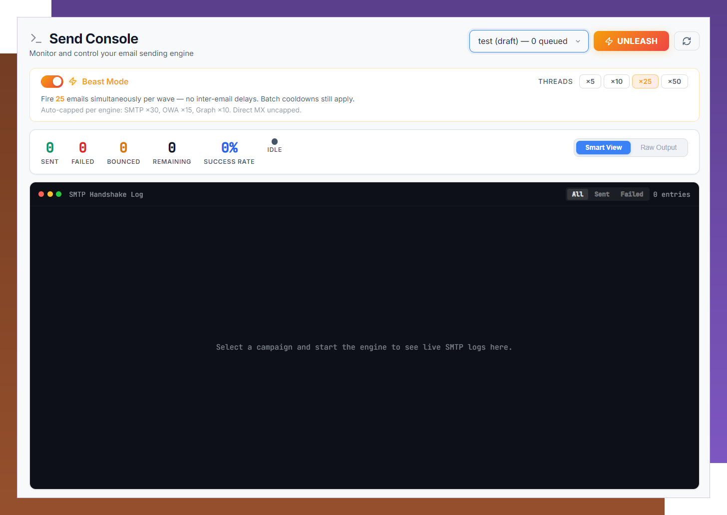 Real-time send console — live SMTP command logs with AI-powered error diagnosis and severity badges