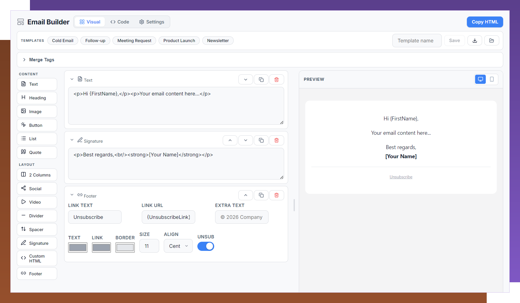 Visual drag-and-drop email builder — 14 block types with live desktop and mobile preview