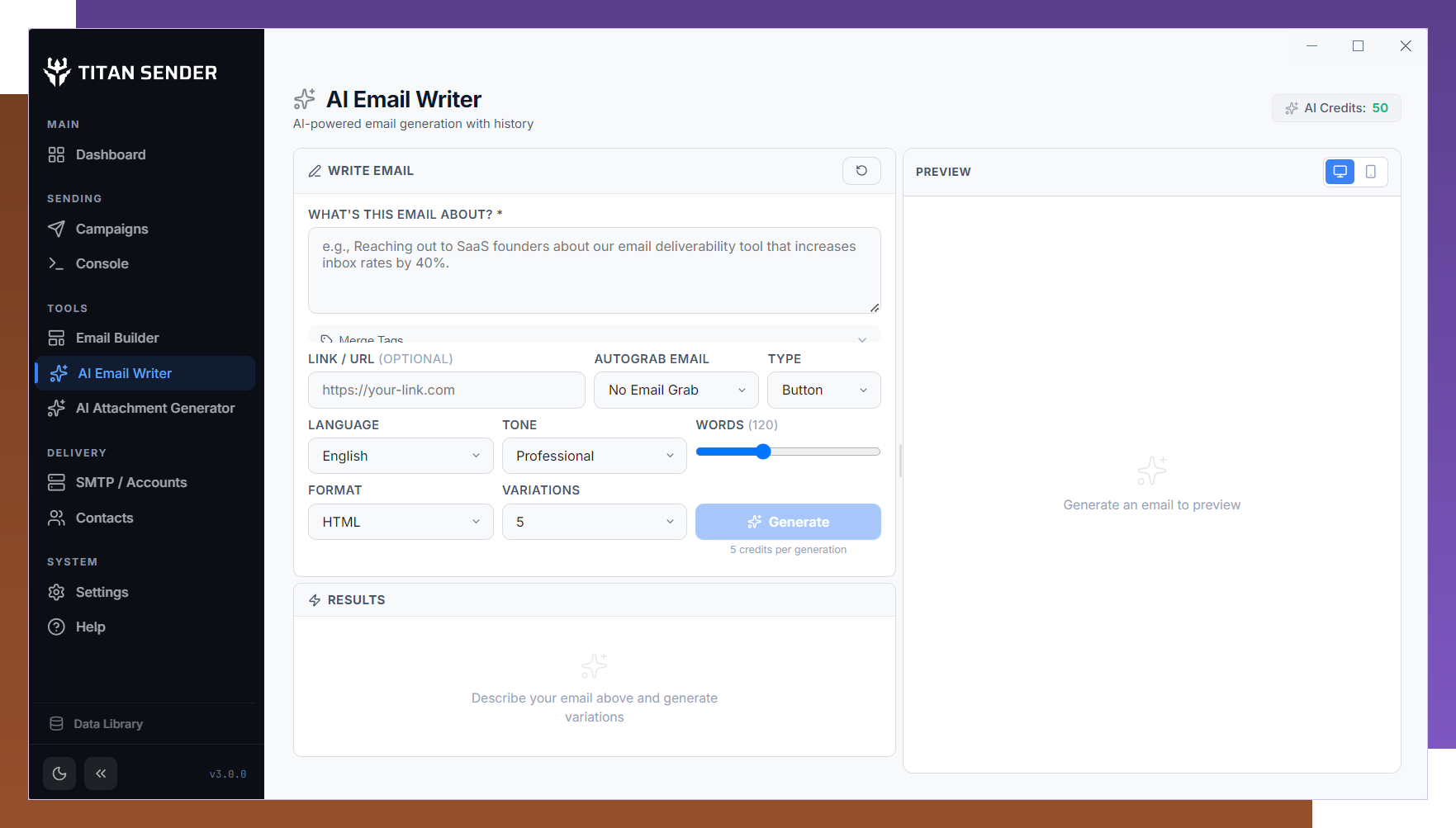 AI email writer — generate unique email variations in 26 languages with HTML templates and merge tags