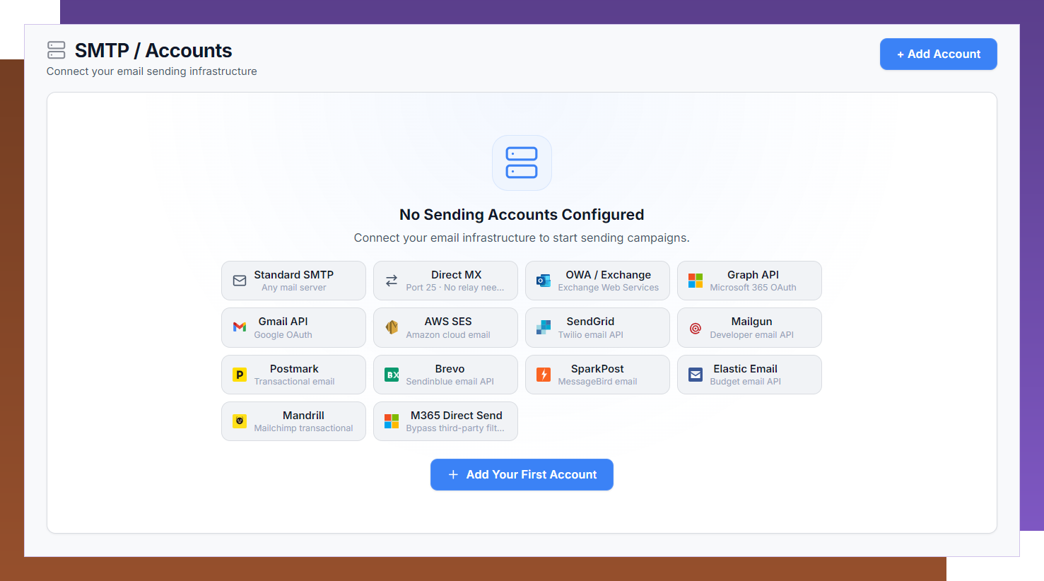 14 send engines — SMTP, Direct MX, OWA, Graph API, Gmail API, AWS SES, SendGrid, Mailgun, Postmark, Brevo, SparkPost, Elastic Email, Mandrill, M365 Direct Send